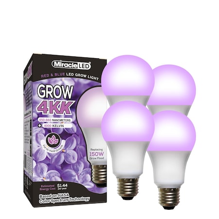 Miracle Led 4KK Indoor Grow Light Bulb, 4000K Red/Blue Spectrum Replace 150W Grow Bulbs, Vegetables, Herbs, 4PK 801872